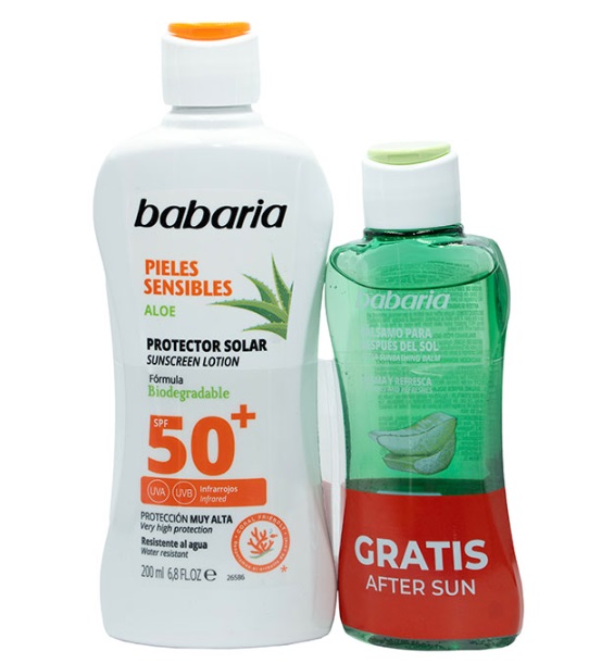 BABARIA LECHE PROTECTORA SOLAR PIELES SENSIBLES SPF50+ 200 ML + AFTER SUN ALOE 100ML