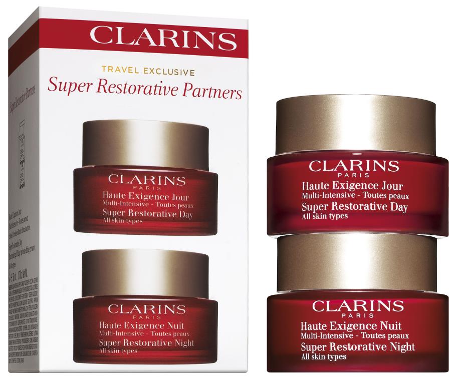 Clarins Super Restorative Travel Set, que se compone Clarins Super Restorative Day 50 ml + Clarins Super Restorative Night Cream 50 ml. Todo ello, presentado en estuche-regalo de Clarins.